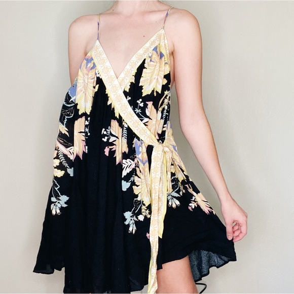 Free People Dresses & Skirts - Free People Magic Garden Black Floral Wrap Slip Dress Intimately